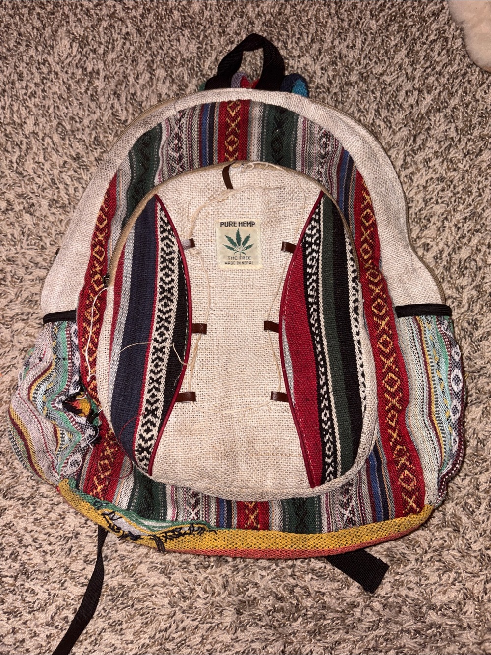 Pure Hemp Woven Multicolor Striped Backpack - Red, Green, Blue & Cream
